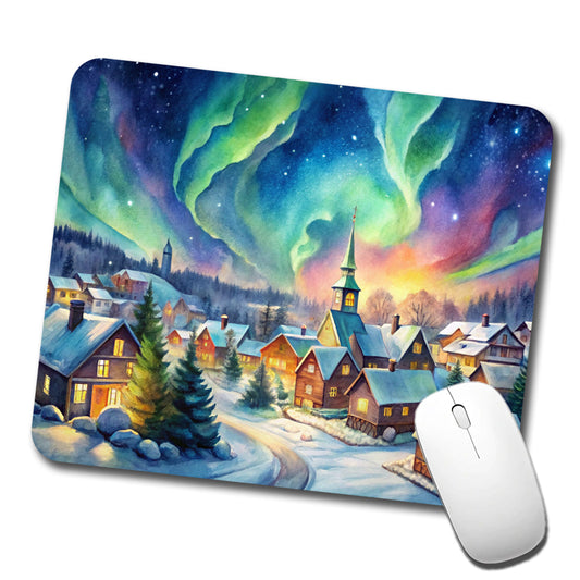 Small Town Northern Lights Watercolor Low Profile Mouse Pad Mat