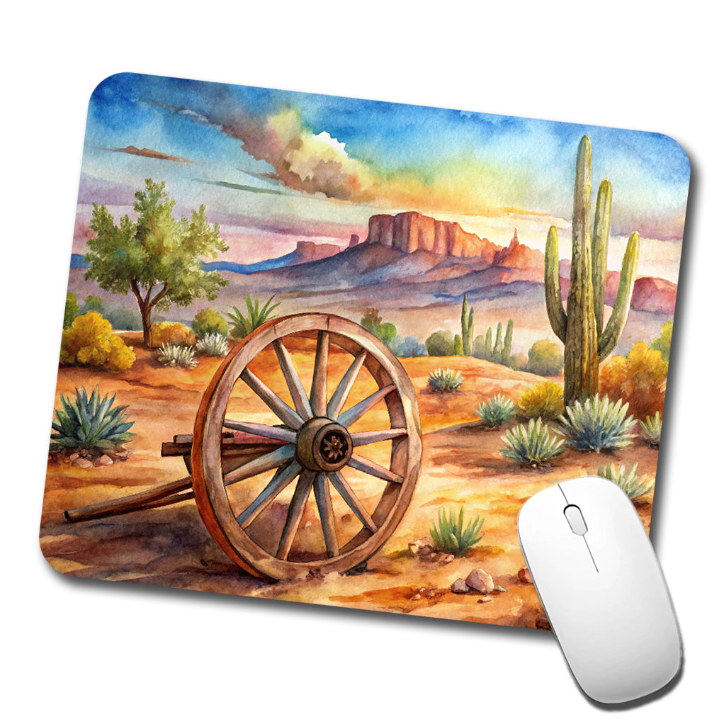 Southwest Desert With Abandoned Wagon Wheel Watercolor Low Profile Mouse Pad Mat