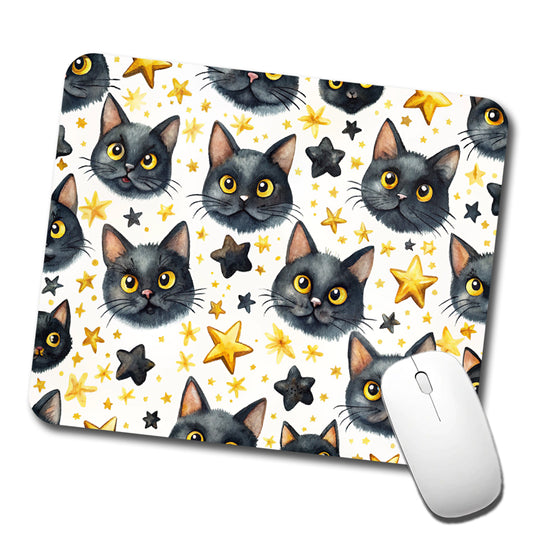 Sweet Black Cat Faces Yellow Stars Low Profile Mouse Pad Mat