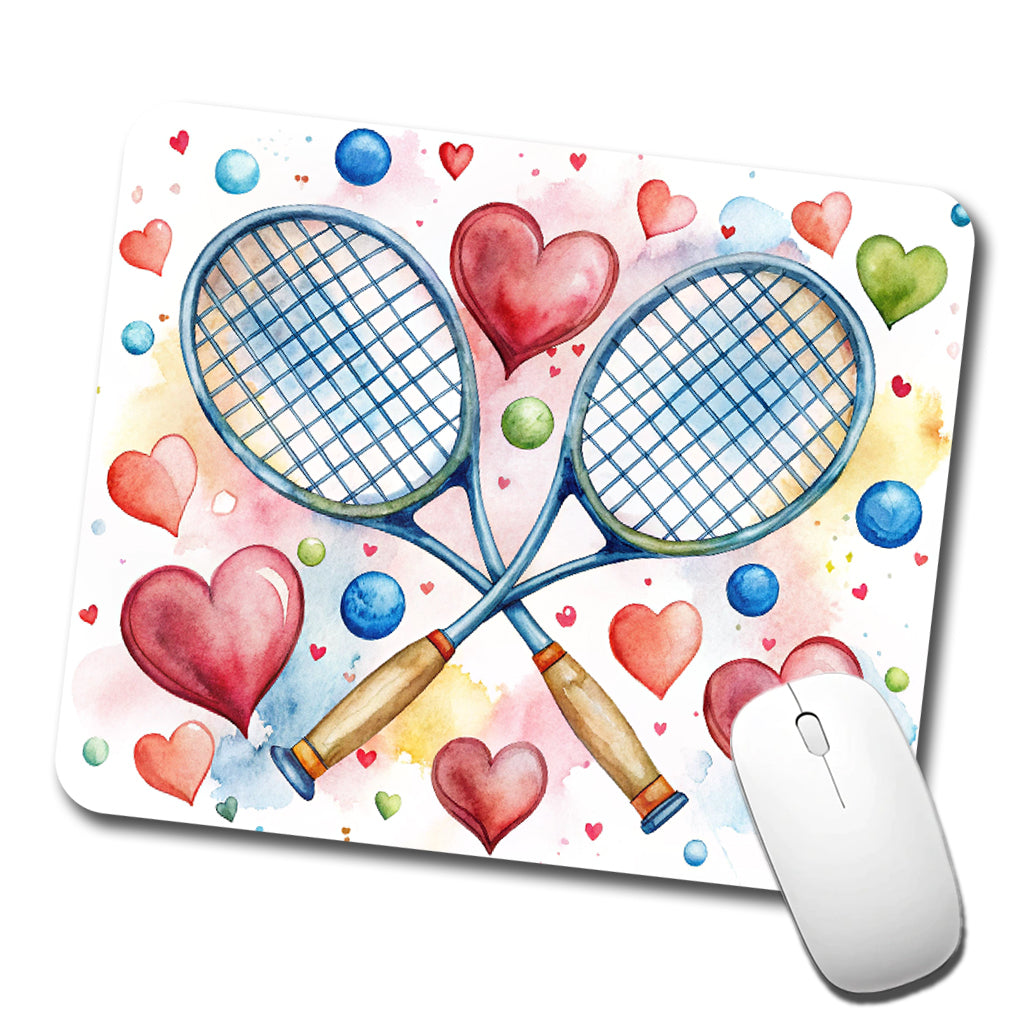 Tennis Rackets Crossed With Hearts Watercolor Low Profile Mouse Pad Mat