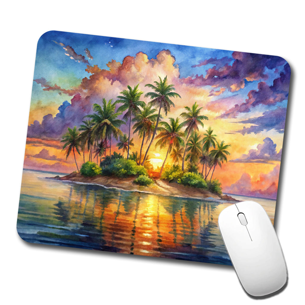 Tropical Deserted Island At Sunrise Watercolor Low Profile Mouse Pad Mat