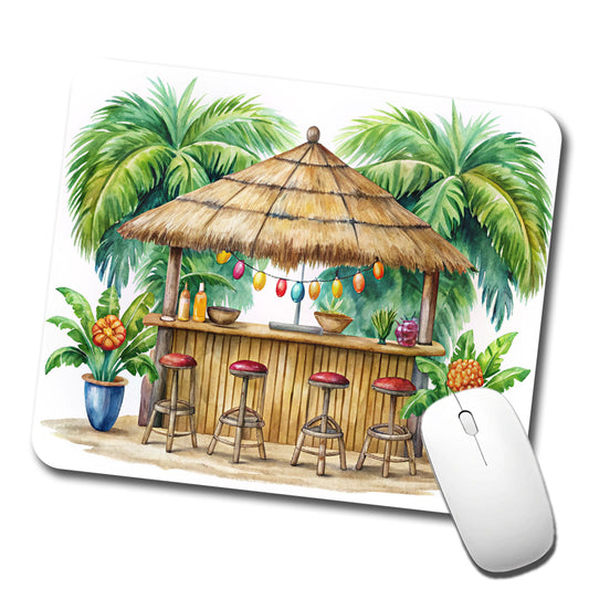 Tropical Resort Beach Tiki Bar Watercolor Low Profile Mouse Pad Mat