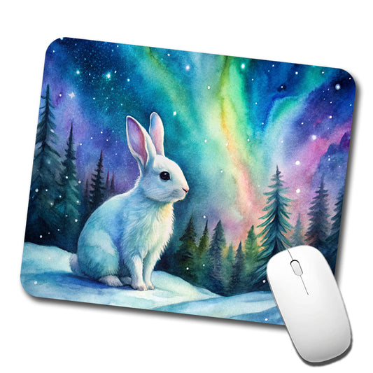 White Bunny Rabbit And Northern Lights Watercolor Low Profile Mouse Pad Mat