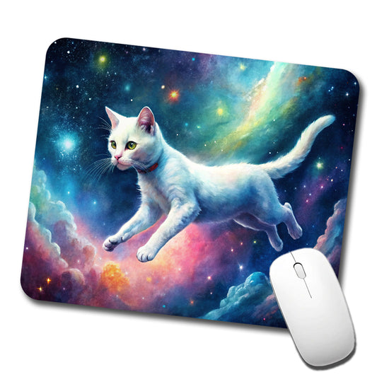 White Cat Flying Through Space Funny Watercolor Low Profile Mouse Pad Mat