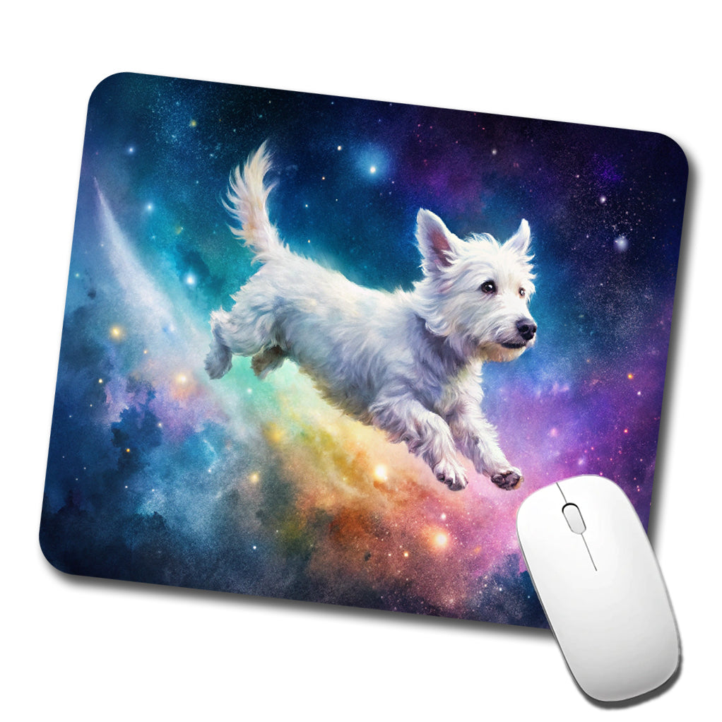 White Dog Flying Through Space Funny Watercolor Low Profile Mouse Pad Mat