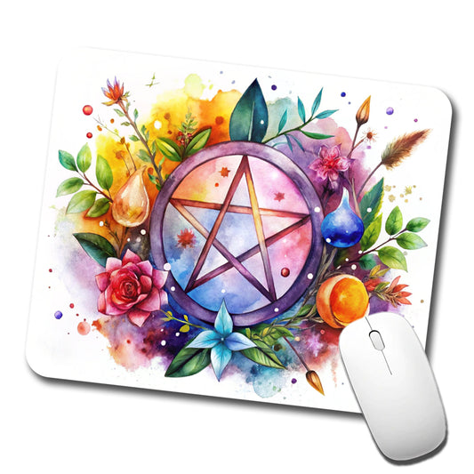 Witch Wiccan Pentagram Floral Watercolor Low Profile Mouse Pad Mat