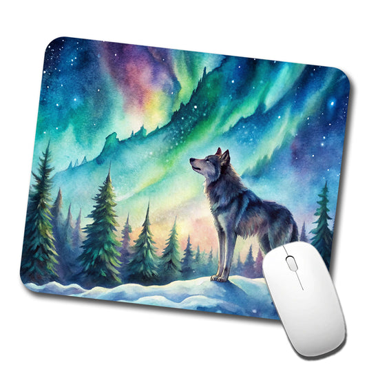 Wolf And Northern Lights Watercolor Low Profile Mouse Pad Mat