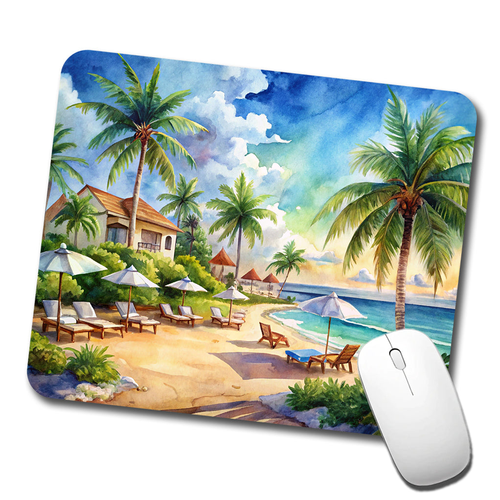 Beach Resort Tropical Scene Watercolor Low Profile Mouse Pad Mat