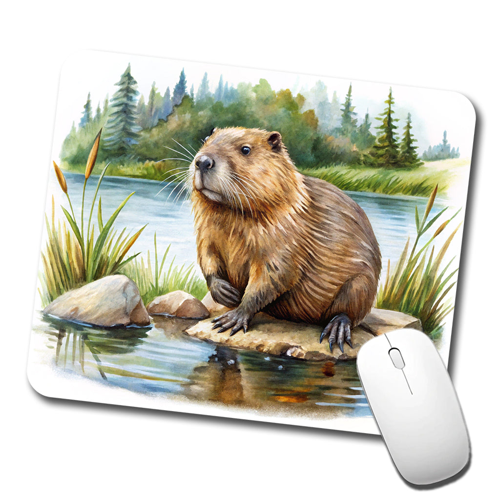 Beaver in the Pond Dam Watercolor Low Profile Mouse Pad Mat