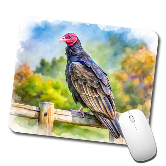 Black Turkey Vulture Sitting On Fence Watercolor Low Profile Mouse Pad Mat