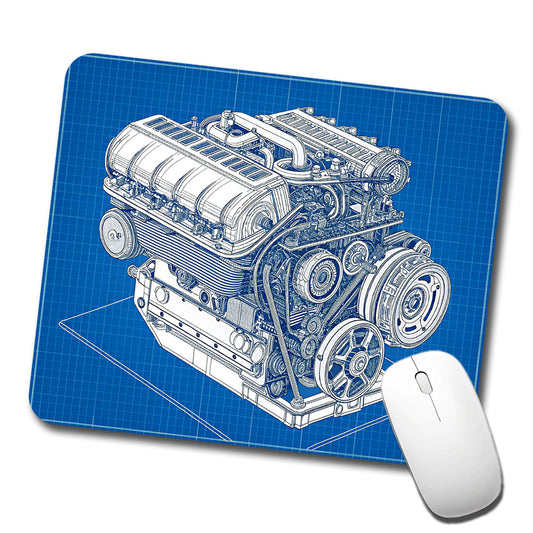 Blueprint Of Car Engine V8 Low Profile Mouse Pad Mat