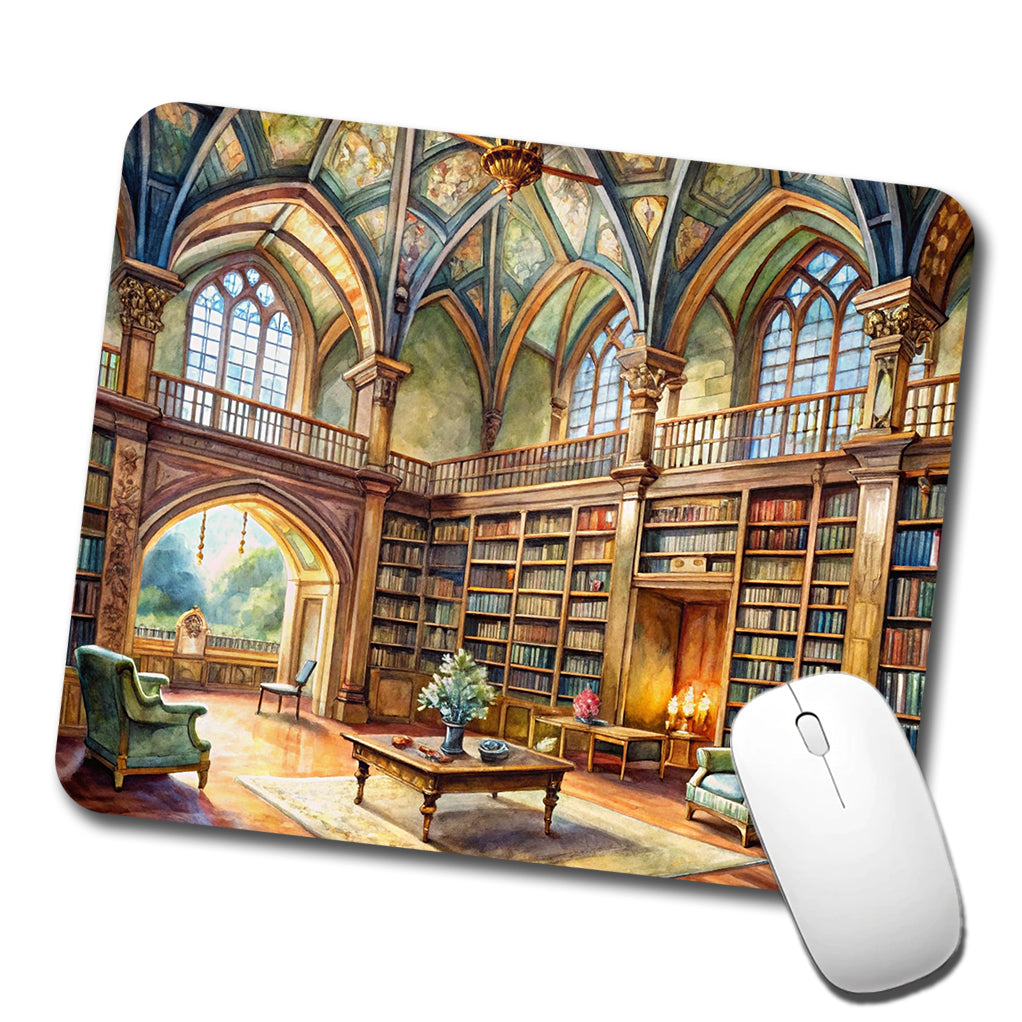 Castle Library Books Reading Watercolor Low Profile Mouse Pad Mat