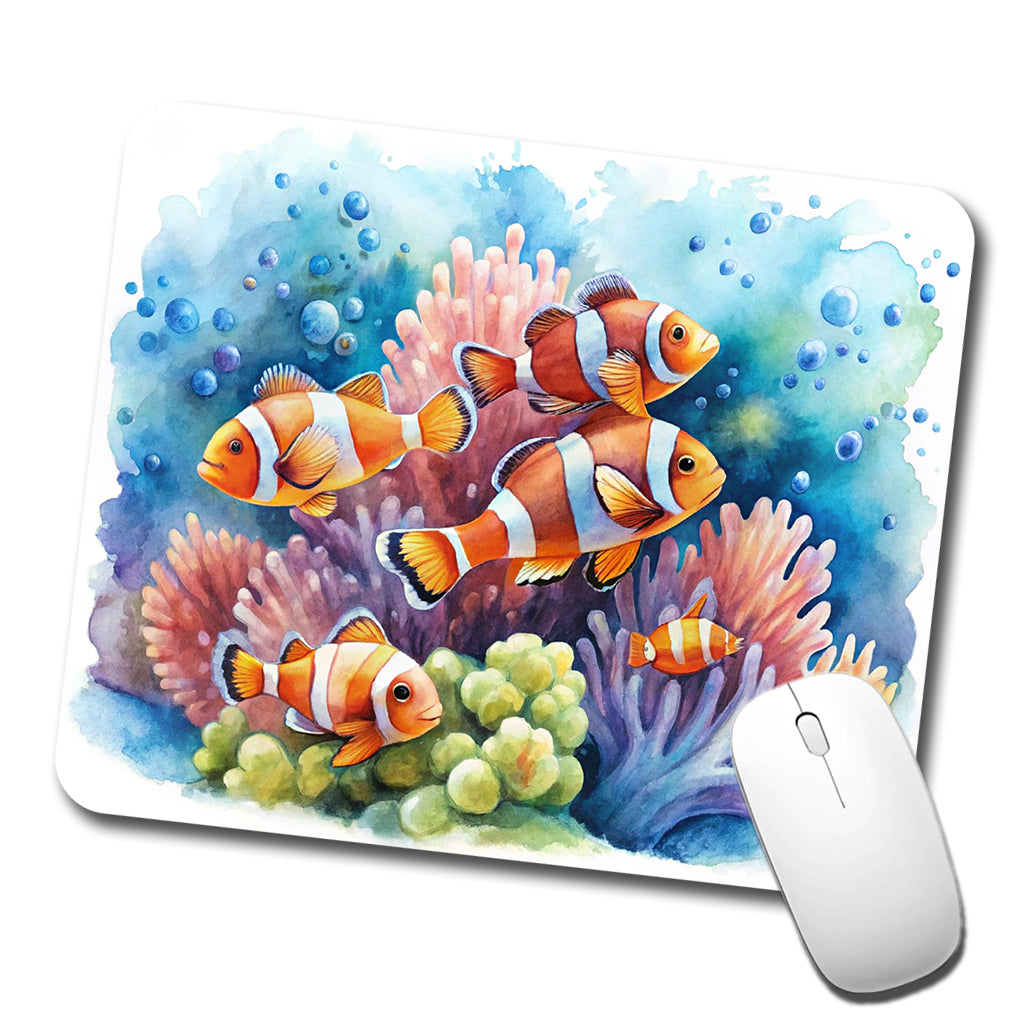 Clown Fish Swimming Around Coral Watercolor Low Profile Mouse Pad Mat