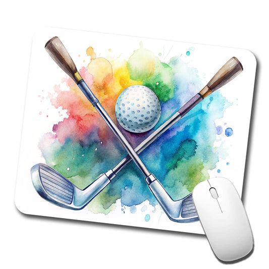 Crossed Golf Clubs And Ball Watercolor Low Profile Mouse Pad Mat