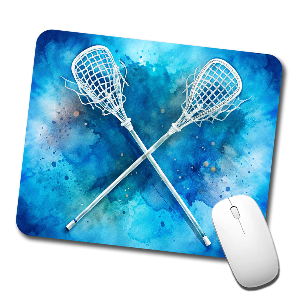 Crossed Lacrosse Sticks On Blue Background Low Profile Mouse Pad Mat