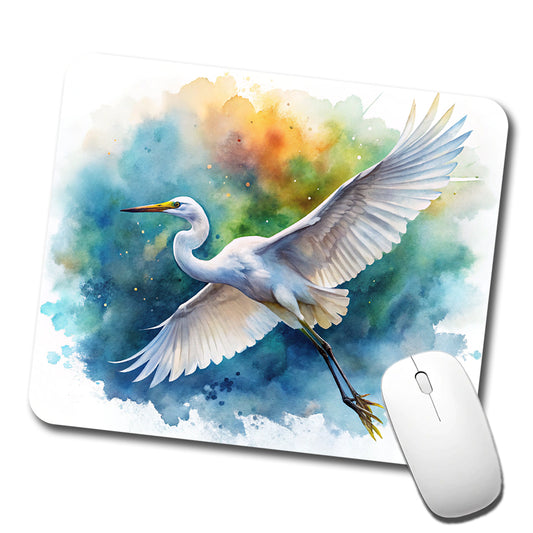 Egret In Flight Watercolor Low Profile Mouse Pad Mat