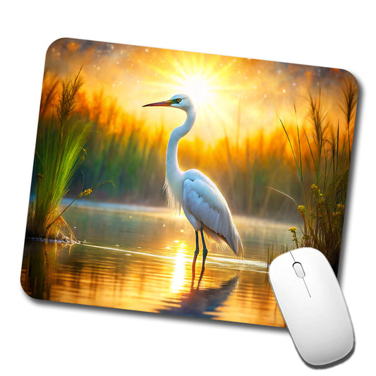 Egret Standing In Pond Backlit By The Sun Watercolor Low Profile Mouse Pad Mat