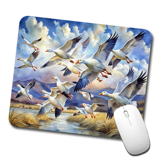 Flock Of Snow Geese In Flight Watercolor Low Profile Mouse Pad Mat