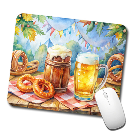 German Oktoberfest Beer Pretzel Watercolor Low Profile Mouse Pad Mat