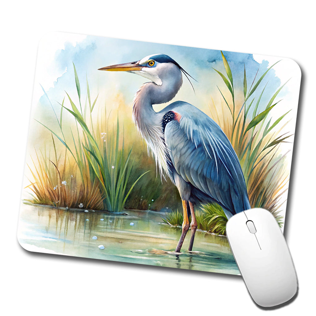Great Blue Heron Standing In Marsh Pond Watercolor Low Profile Mouse Pad Mat