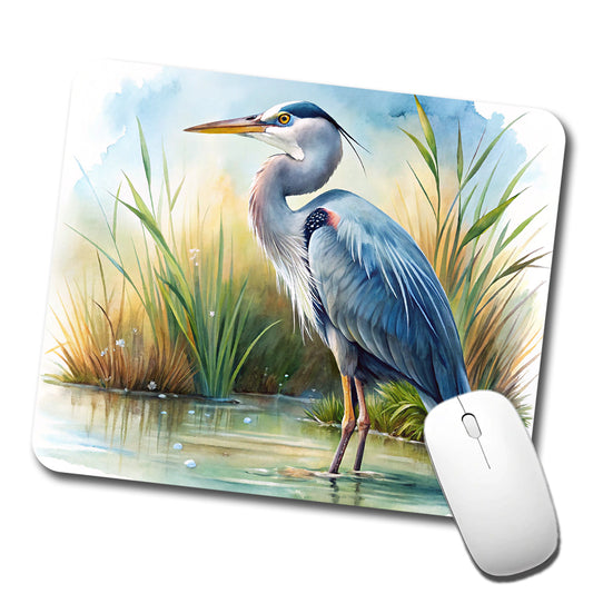 Great Blue Heron Standing In Marsh Pond Watercolor Low Profile Mouse Pad Mat