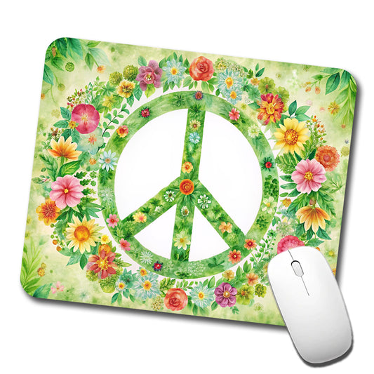 Green Peace Symbol Hippie Floral Watercolor Low Profile Mouse Pad Mat