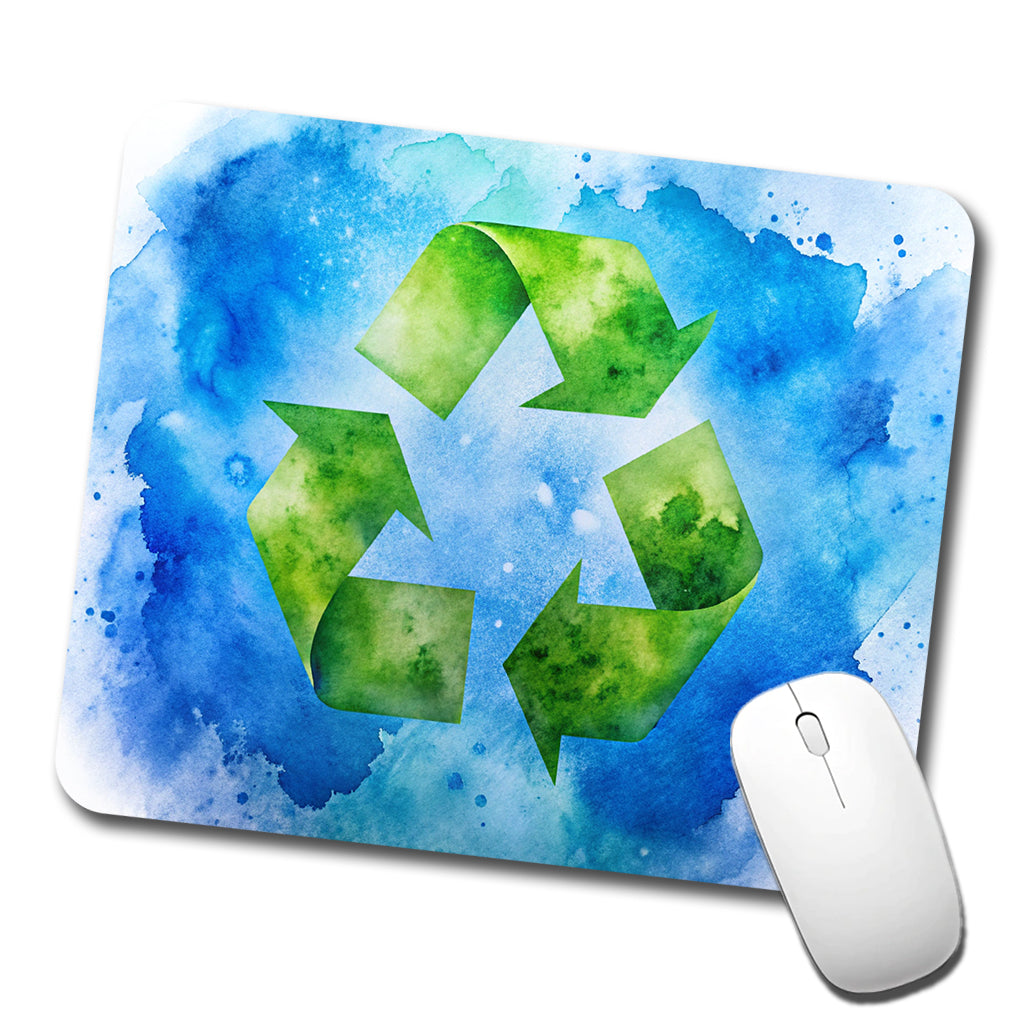 Green Recycle Symbol On A Blue Background Watercolor Low Profile Mouse Pad Mat