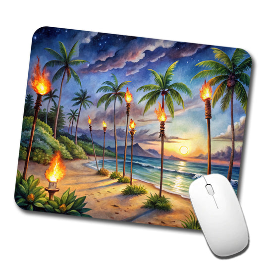 Hawaiian Tropical Beach Scene At Night Lit With Tiki Torches Low Profile Mouse Pad Mat