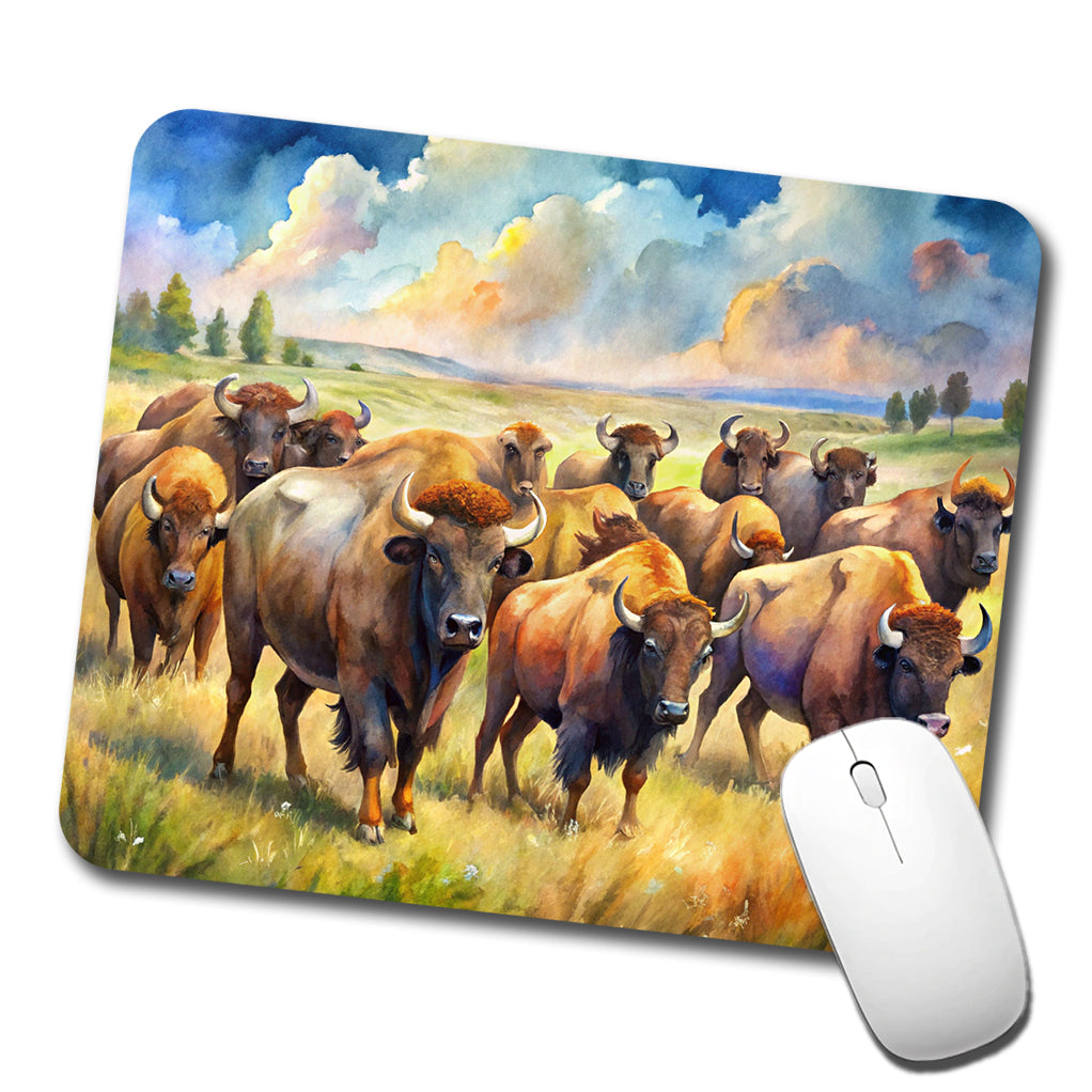 Herd Of Buffalo Bison On The Prairie Watercolor Low Profile Mouse Pad Mat