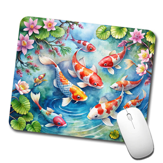 Japanese Koi Pond Scene Watercolor Low Profile Mouse Pad Mat