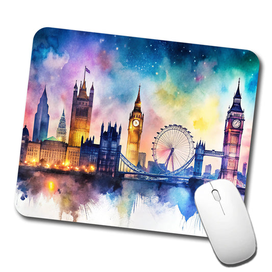 London Skyline At Night Scene Watercolor Low Profile Mouse Pad Mat