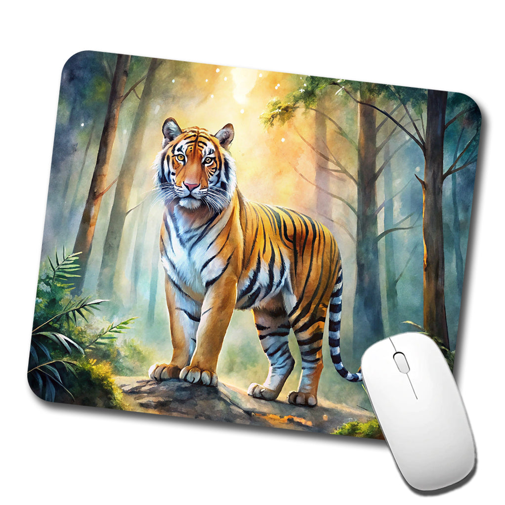 Majestic Tiger Standing In Forest Watercolor Low Profile Mouse Pad Mat