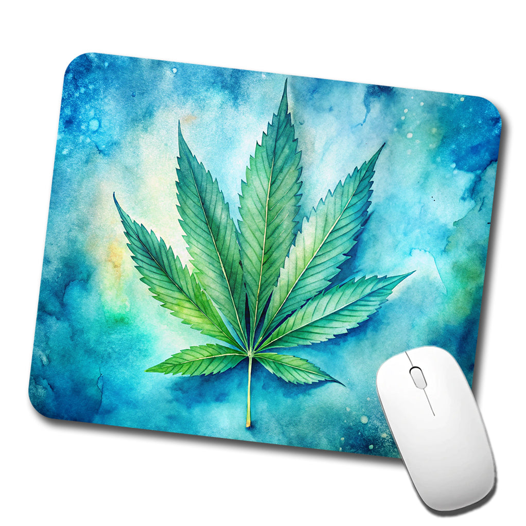 Marijuana Leaf on Blue Background Watercolor Low Profile Mouse Pad Mat