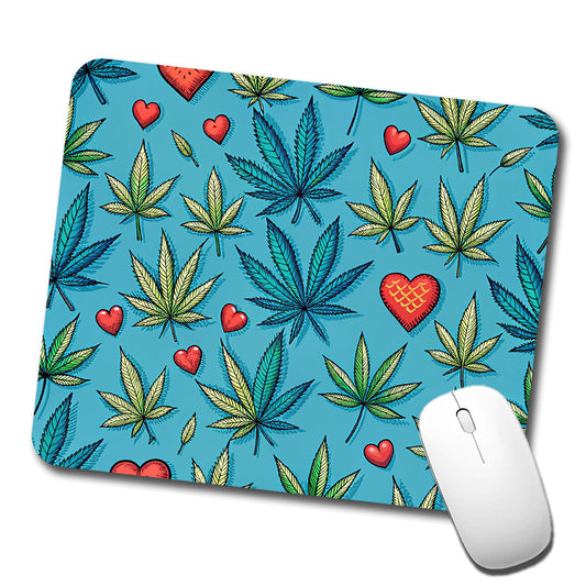 Marijuana Leaves And Hearts Blue Background Low Profile Mouse Pad Mat
