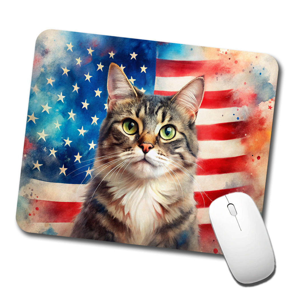 Patriotic Cat Watercolor American Flag Background Low Profile Mouse Pad Mat