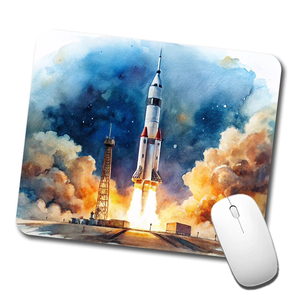 Rocket Spaceship Launch Sci-fi Watercolor Low Profile Mouse Pad Mat