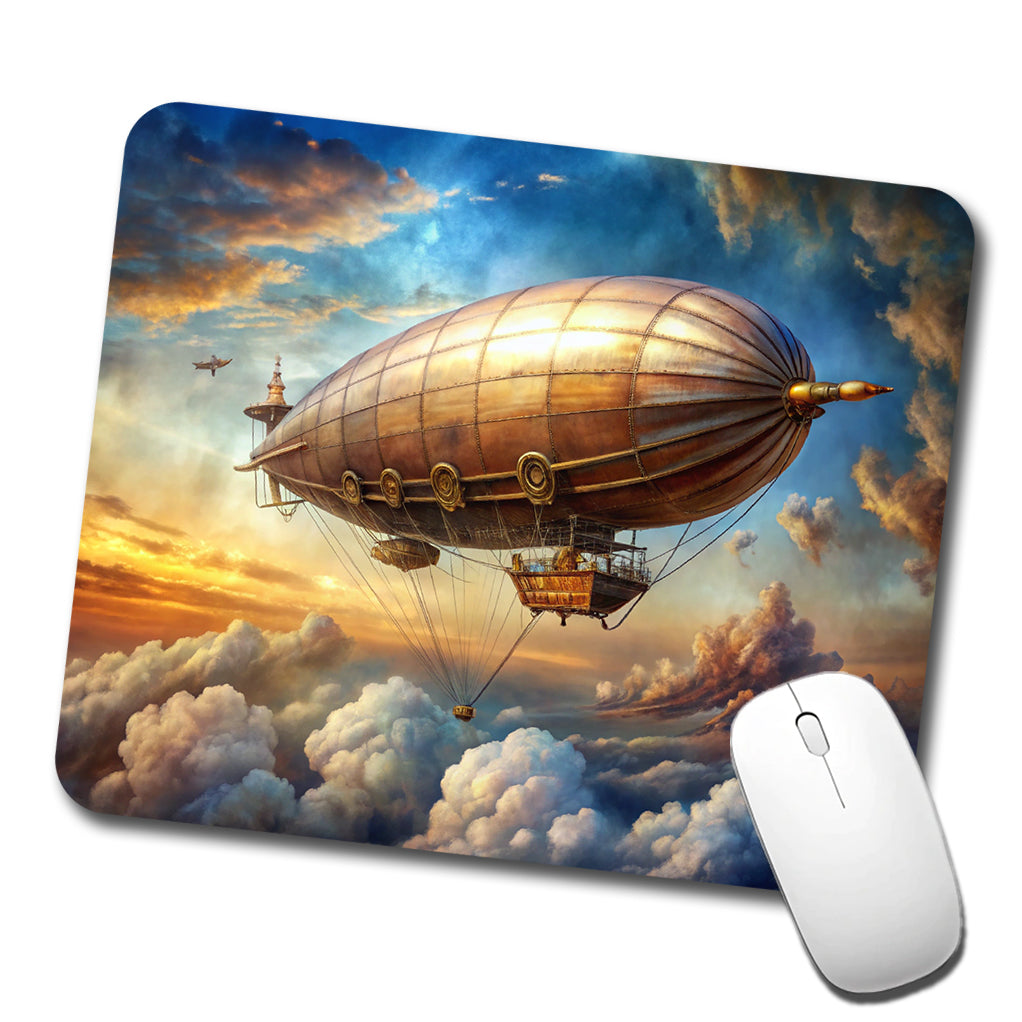 Steampunk Airship Dirigible Flying in Cloudy Sky Fantasy Sci-fi Low Profile Mouse Pad Mat