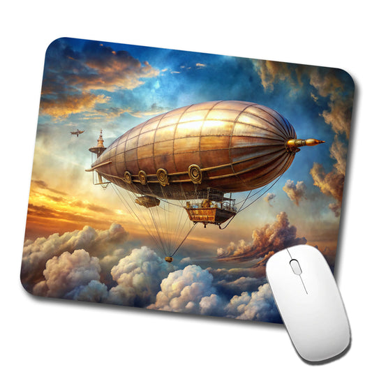 Steampunk Airship Dirigible Flying in Cloudy Sky Fantasy Sci-fi Low Profile Mouse Pad Mat