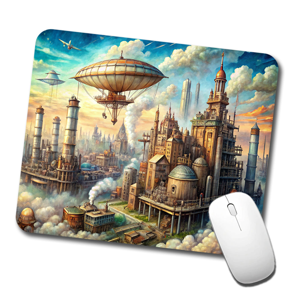 Steampunk City and Airship Fantasy Sci-fi Scene Low Profile Mouse Pad Mat