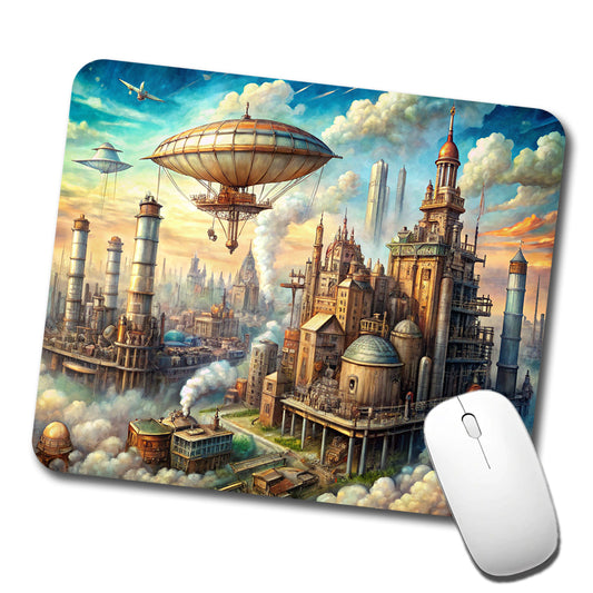 Steampunk City and Airship Fantasy Sci-fi Scene Low Profile Mouse Pad Mat