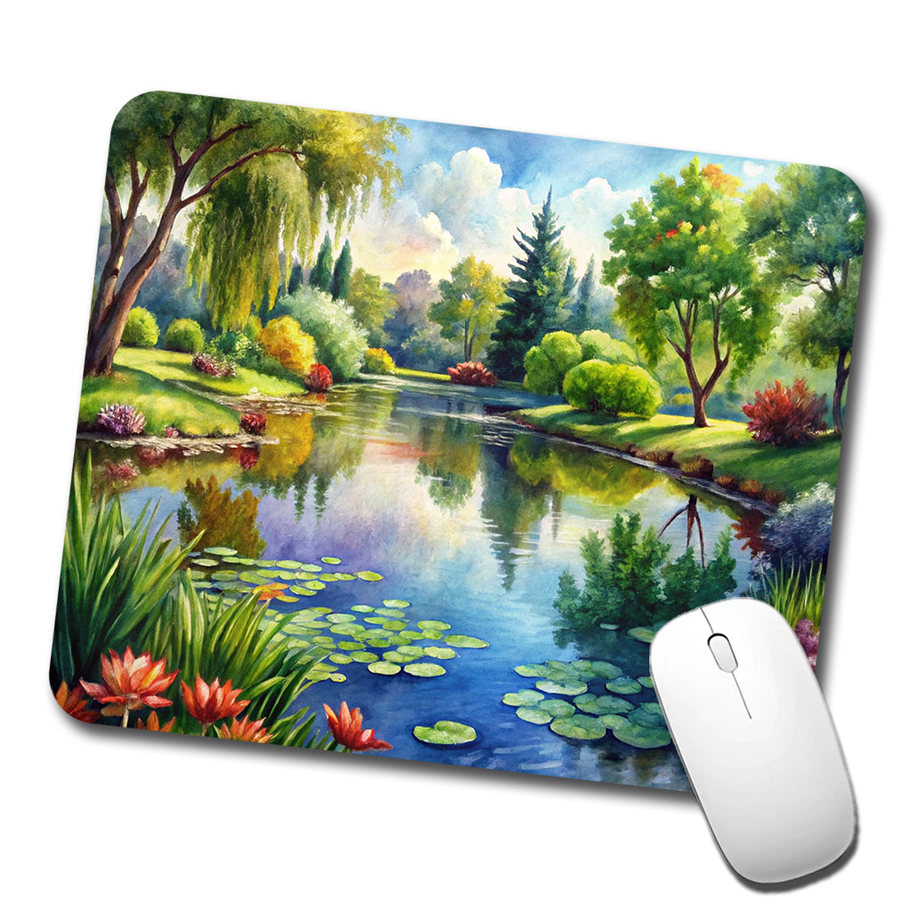 Tranquil Pond Scene Watercolor Low Profile Mouse Pad Mat