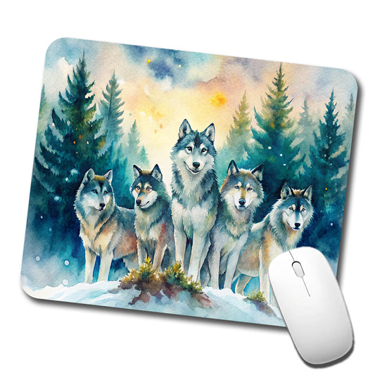 Wolfpack Snowy Forest Wolf Scene Watercolor Low Profile Mouse Pad Mat