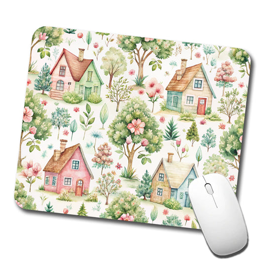Cottagecore Cute Country Homes Pattern Low Profile Mouse Pad Mat