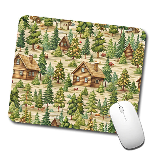 Log Cabin In Forest Pattern Low Profile Mouse Pad Mat