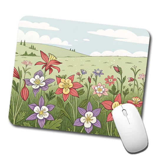 Field Of Columbine Flowers Low Profile Mouse Pad Mat