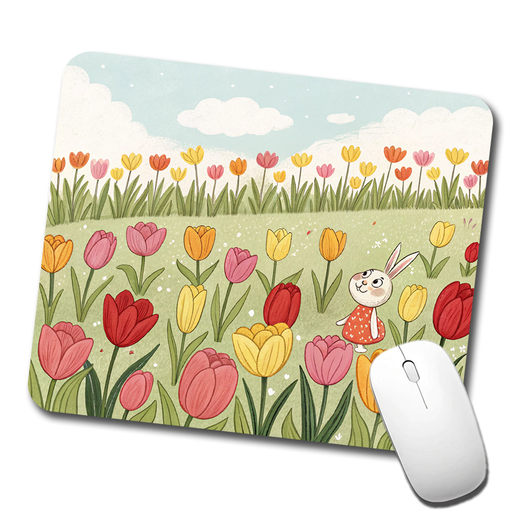 Field Of Tulips And Bunny Flowers Low Profile Mouse Pad Mat