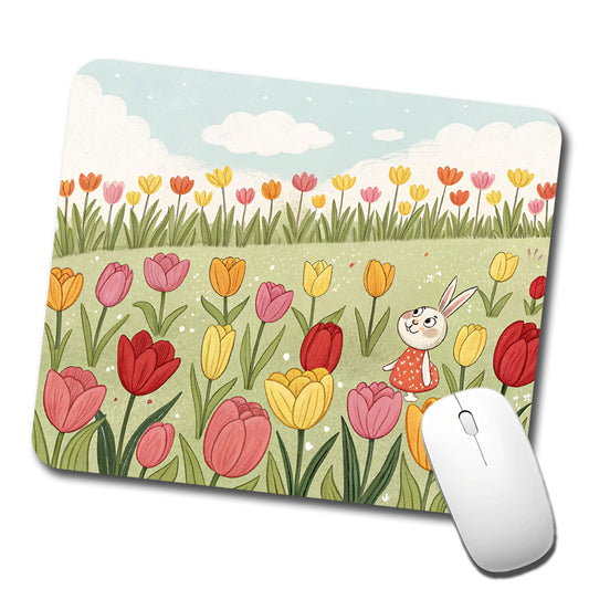Field Of Tulips And Bunny Flowers Low Profile Mouse Pad Mat