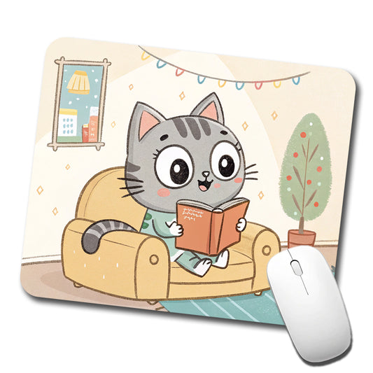 Kawaii Cat Reading Book On Couch Reader Low Profile Mouse Pad Mat