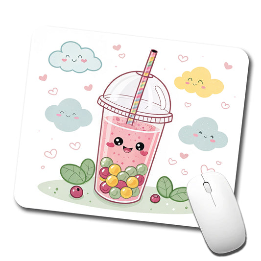 Kawaii Pink Boba Bubble Tea Low Profile Mouse Pad Mat