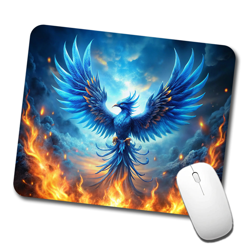 Blue Flaming Phoenix Rising From Ashes Fantasy Bird Low Profile Mouse Pad Mat